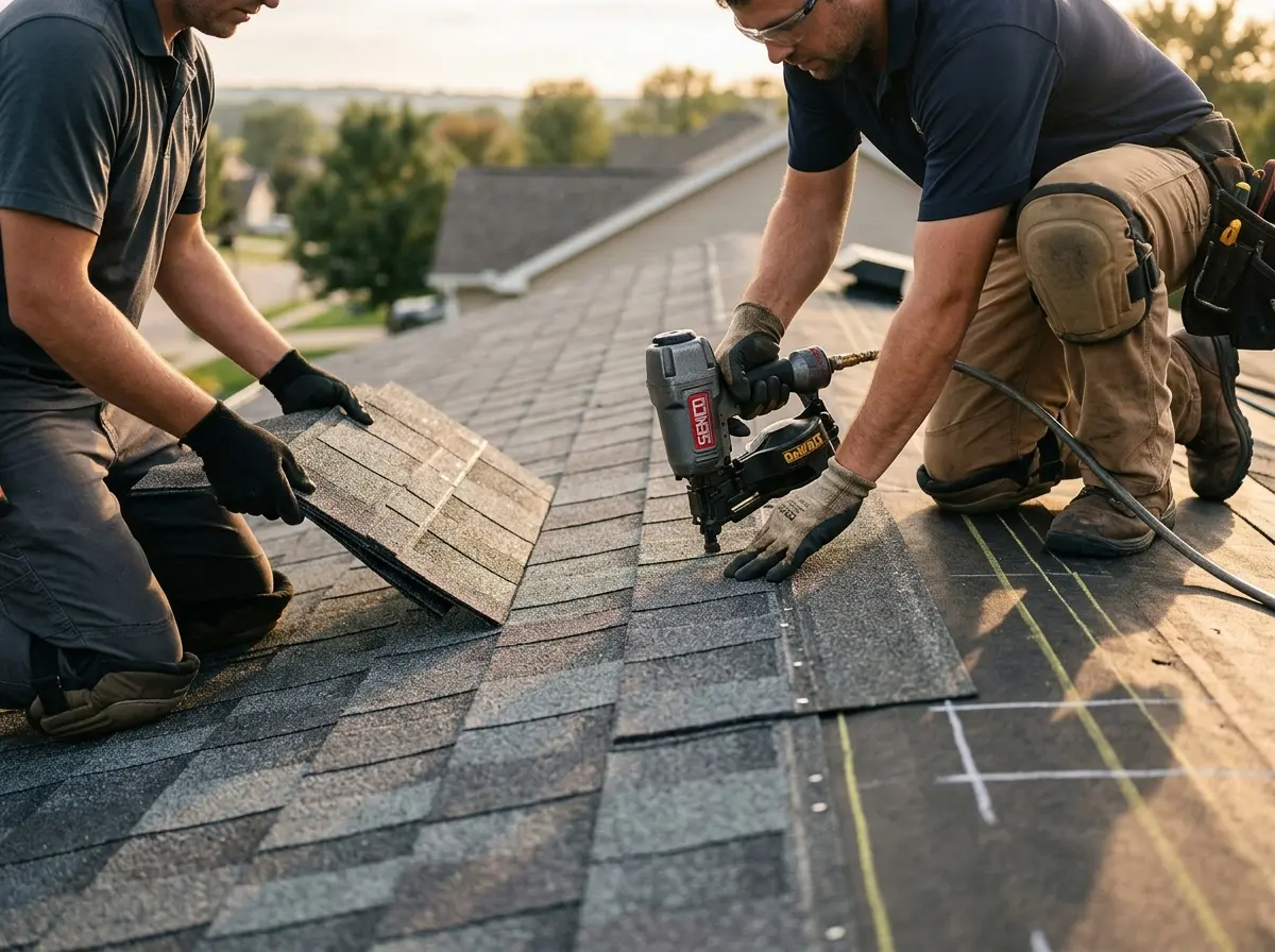 Professional roofer working on a residential roof in Fairview Park